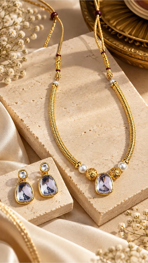 Royal Gold-Tone Amethyst Stone Necklace & Matching Earrings Set