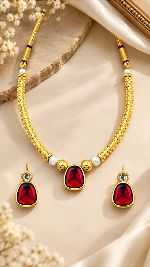 Royal Gold-Tone Ruby Stone Necklace & Matching Earrings Set