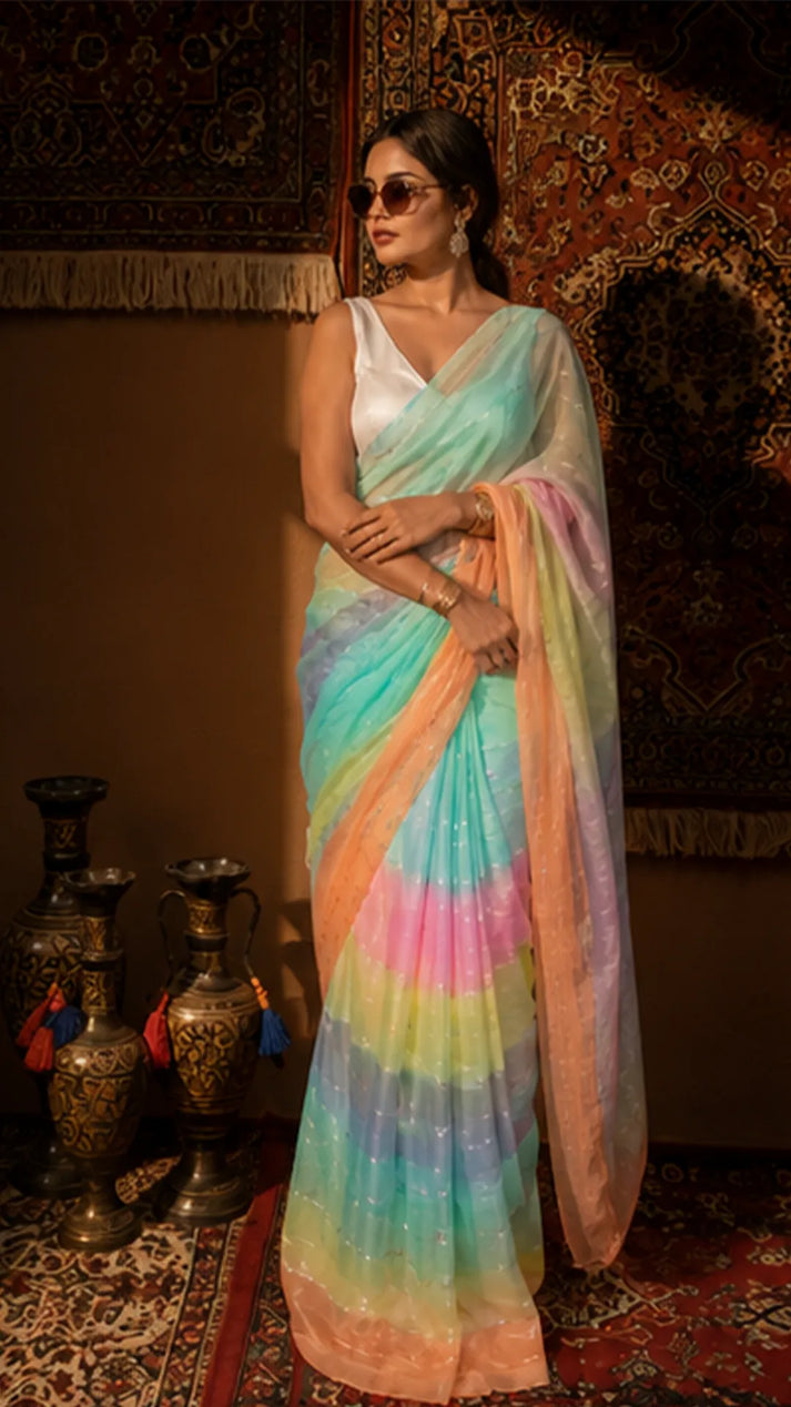 Pastel multicolour organza saree with metallic shimmer stripes