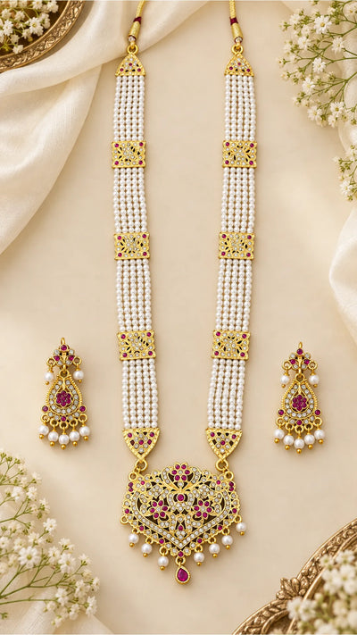 Royal Ruby & Kundan Multi-Strand Pearl Rani Haar Set