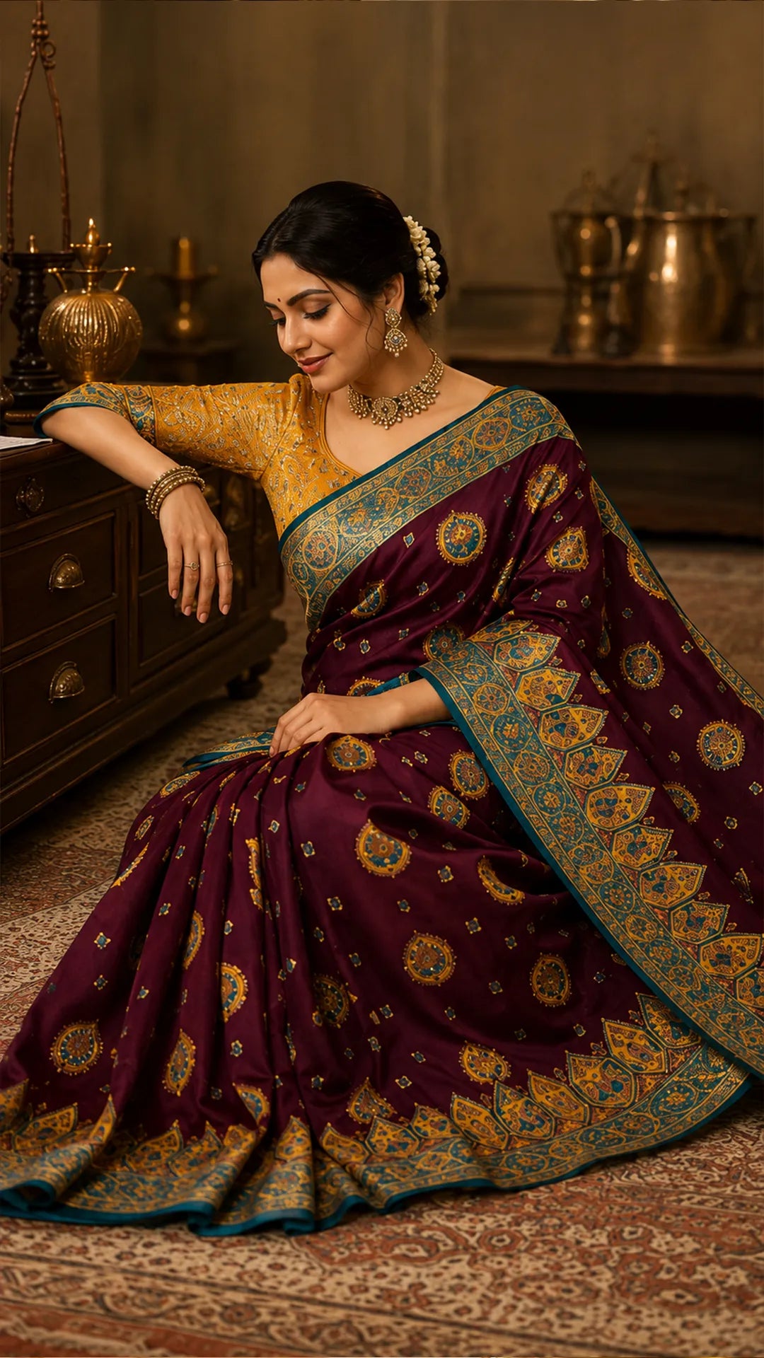 Purple silk saree with paisley motifs and mustard blouse