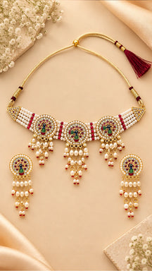 Regal Peacock Meenakari & Pearl Strand Choker Set with Earrings