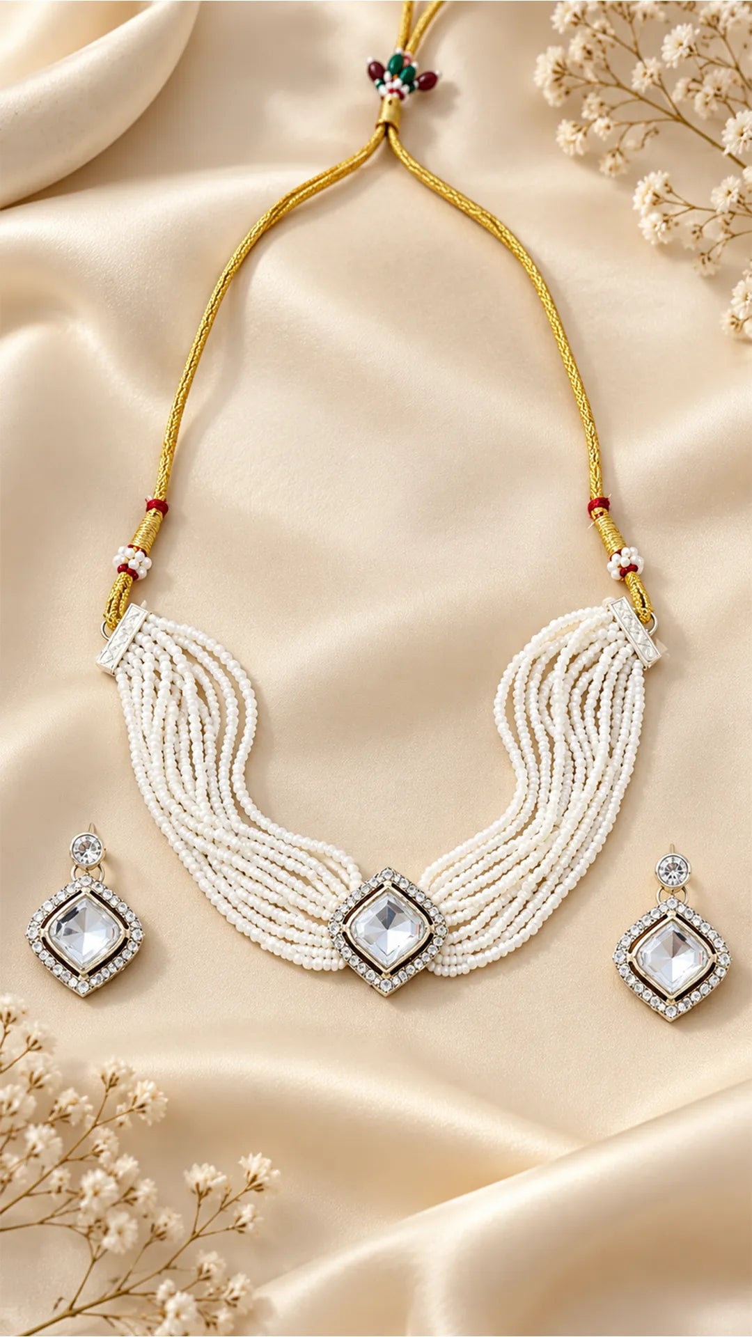 Pristine White Multi-Strand Pearl & Cushion-Cut Kundan Choker Set