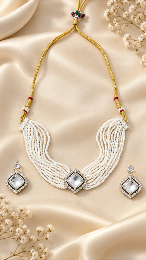 Pristine White Multi-Strand Pearl & Cushion-Cut Kundan Choker Set