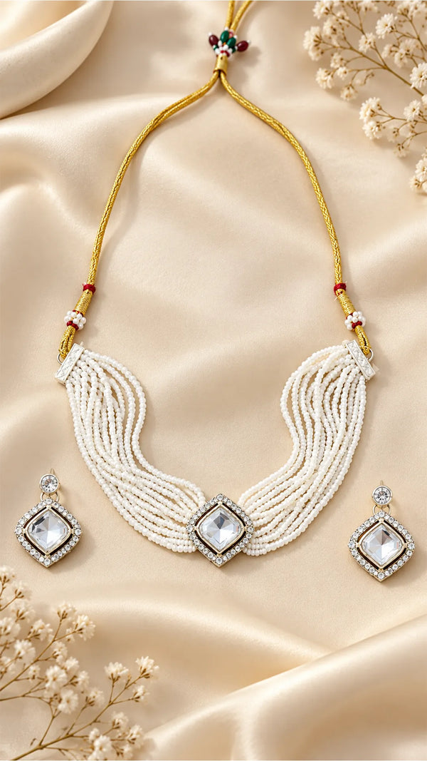Pristine White Multi-Strand Pearl & Cushion-Cut Kundan Choker Set