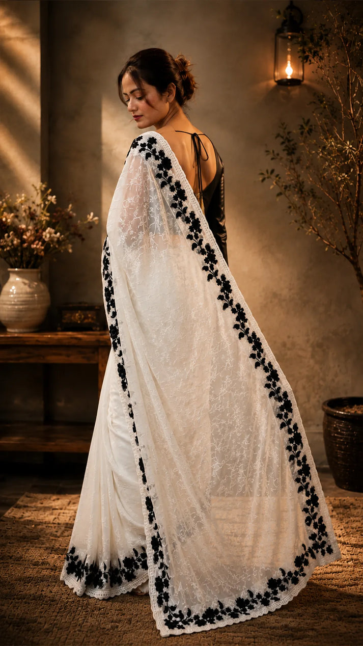Ivory white organza saree with black applique border