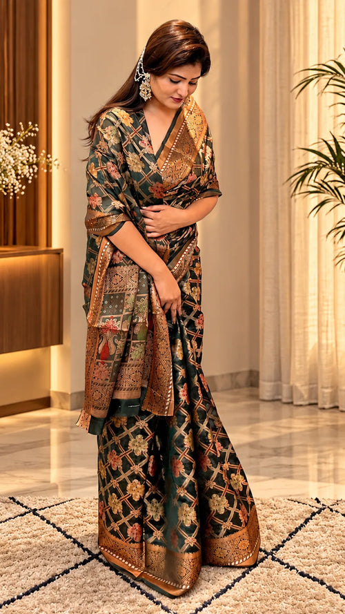 Emerald Checkered Banarasi Zari Woven Saree