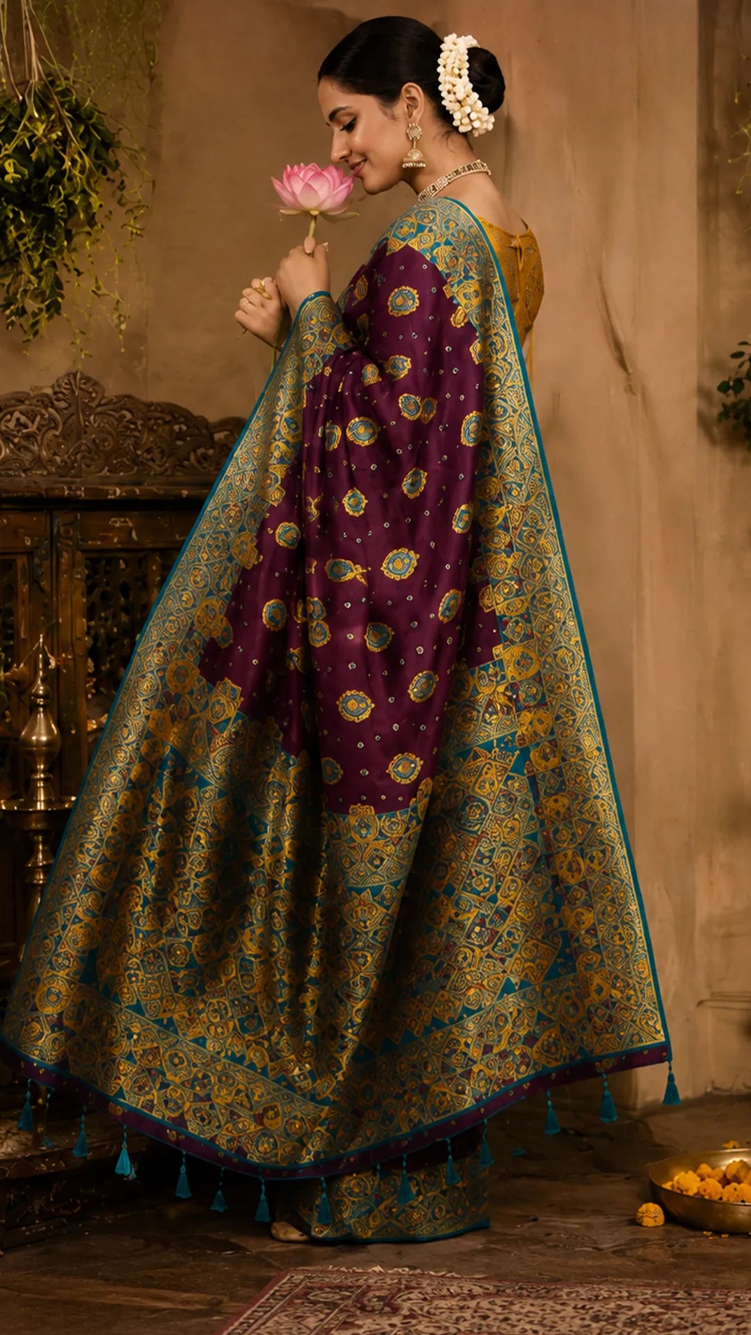 Purple silk saree with woven floral motifs and contrast teal blouse
