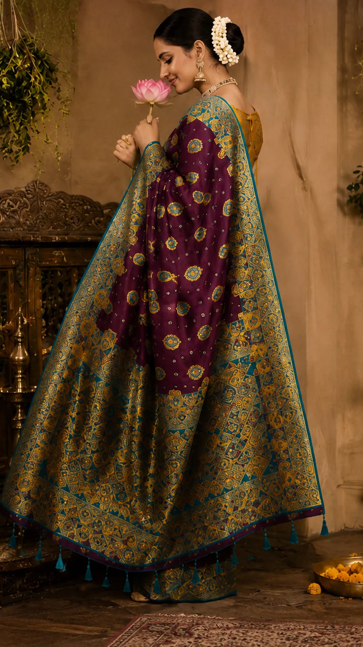Purple silk saree with woven floral motifs and contrast teal blouse