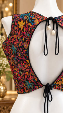 Multicolor Floral Cut-Out Tie-Back Designer Blouse