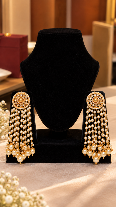 Royal Polki & Peach Crystal Chandelier Earrings