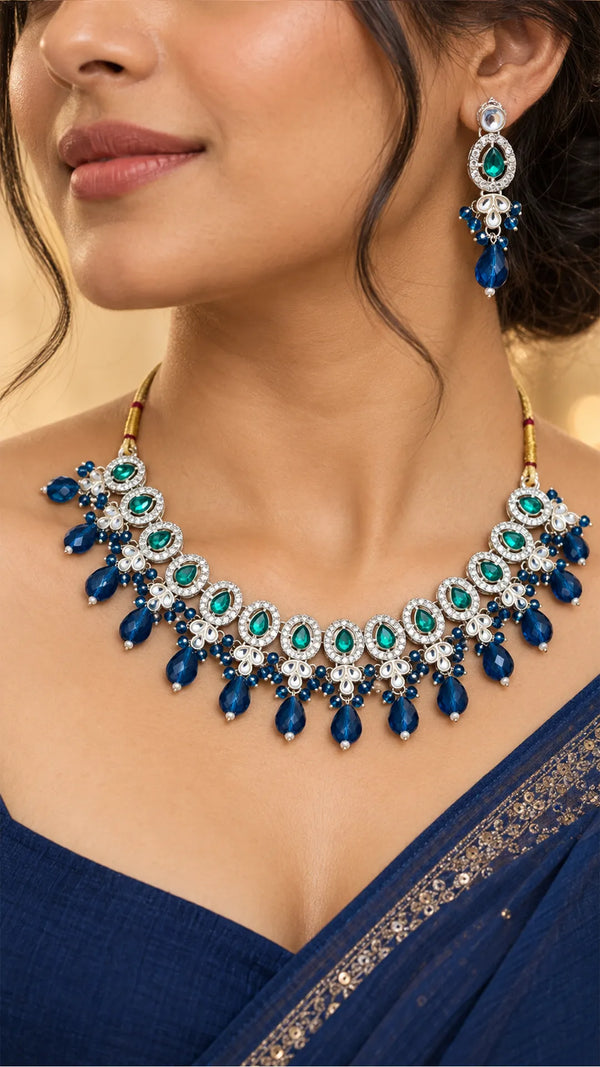 Sapphire Blue & Emerald Green Rhodium-Plated Kundan Necklace Set with Maangtikka