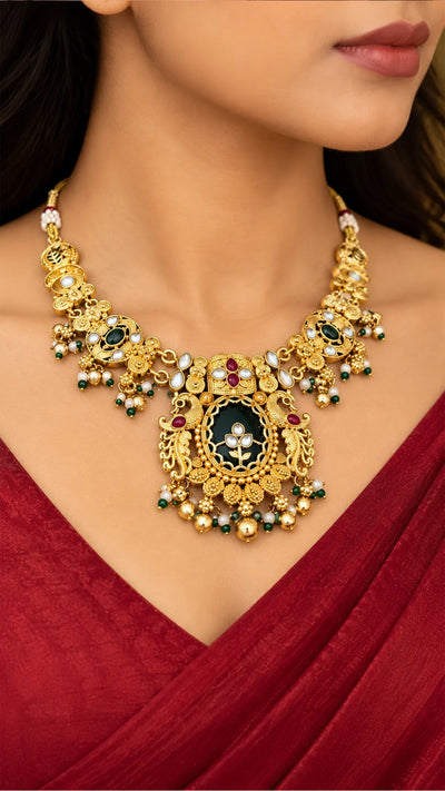 Regal Emerald & Kundan Antique Gold Necklace Set with Earrings
