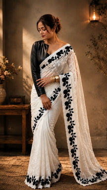 Ivory white organza saree with black applique border, draped