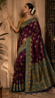 Floral woven purple silk saree, draped
