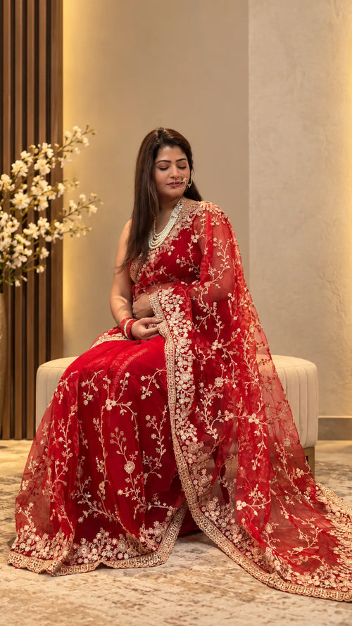 Ruhani Red Embroidered Saree