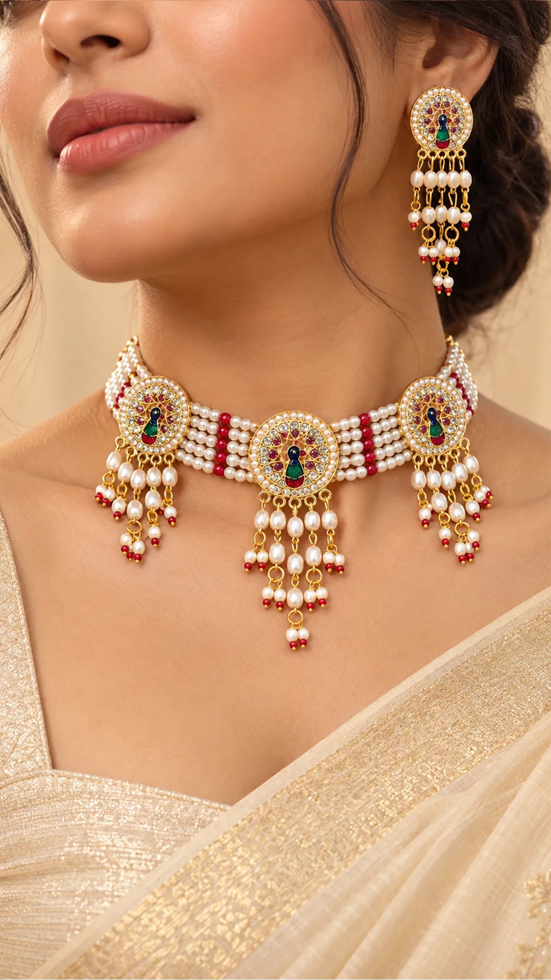 Regal Peacock Meenakari & Pearl Strand Choker Set with Earrings
