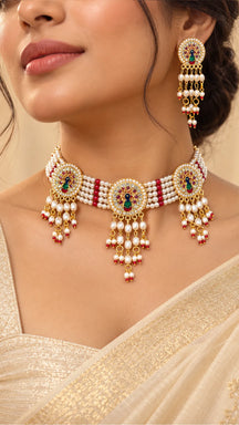 Regal Peacock Meenakari & Pearl Strand Choker Set with Earrings