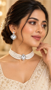 Pristine White Multi-Strand Pearl & Cushion-Cut Kundan Choker Set