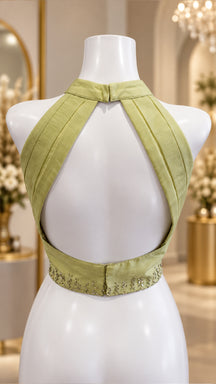 Pistachio Green Halter-Neck Open-Back Designer Blouse