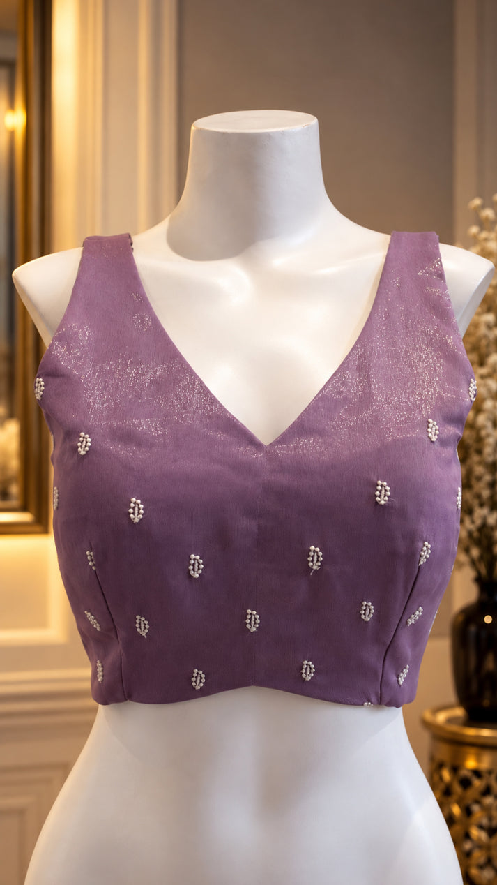 Lavender Embellished V-Neck Designer Blouse