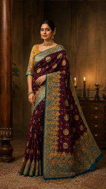 Purple silk saree, blue and gold printed border detail