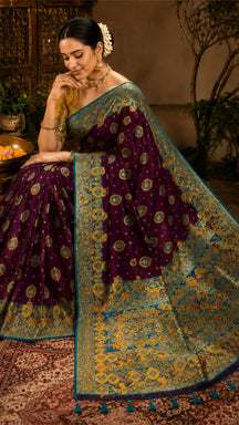 Purple silk saree, metallic woven border detail
