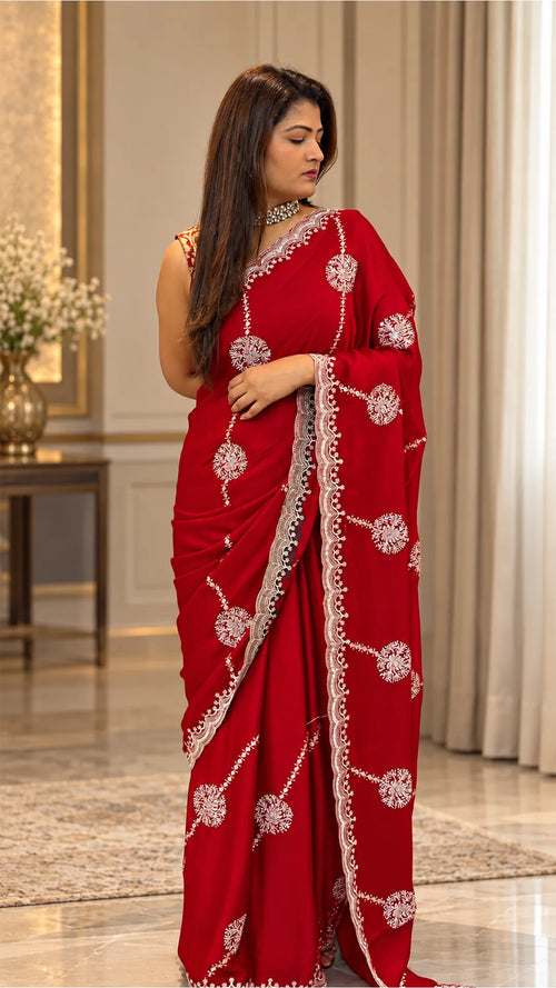 Ruby Red Embroidered Silk Saree
