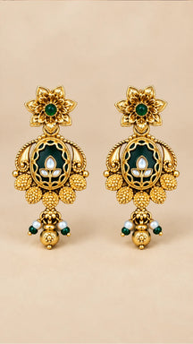 Regal Emerald & Kundan Antique Gold Necklace Set with Earrings