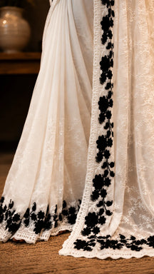 Ivory white organza saree, floral vine embroidery detail