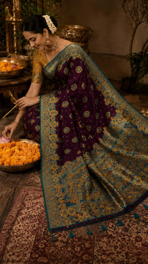 Purple silk saree with contrast teal and gold blouse fabric