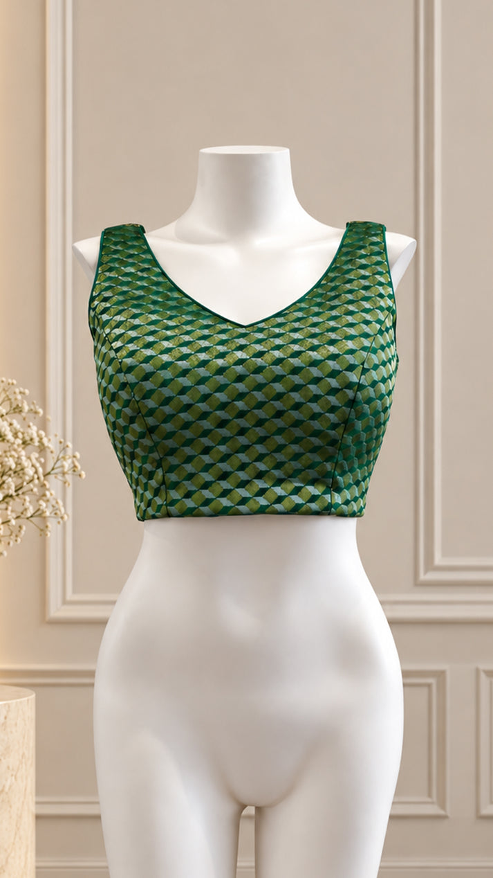 Green Geometric Print Tie-Back Designer Blouse