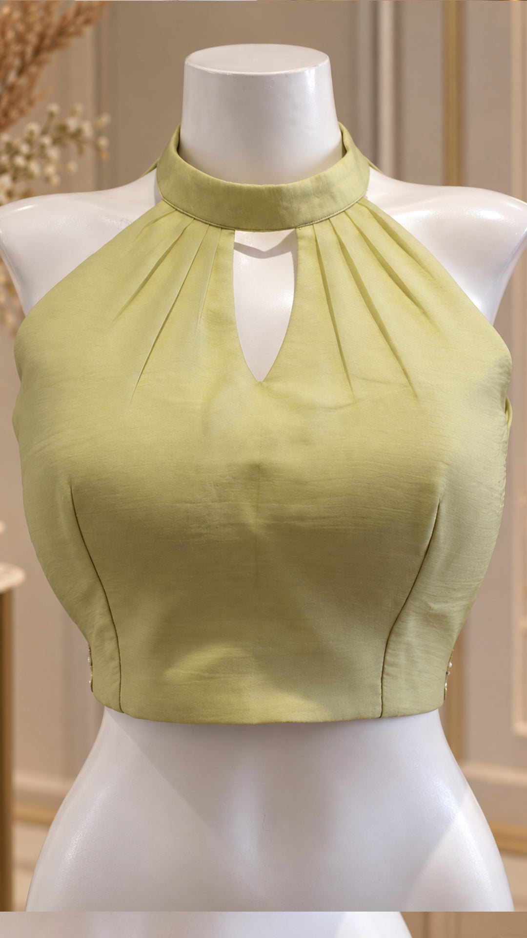 Pistachio Green Halter-Neck Open-Back Designer Blouse