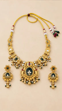 Regal Emerald & Kundan Antique Gold Necklace Set with Earrings