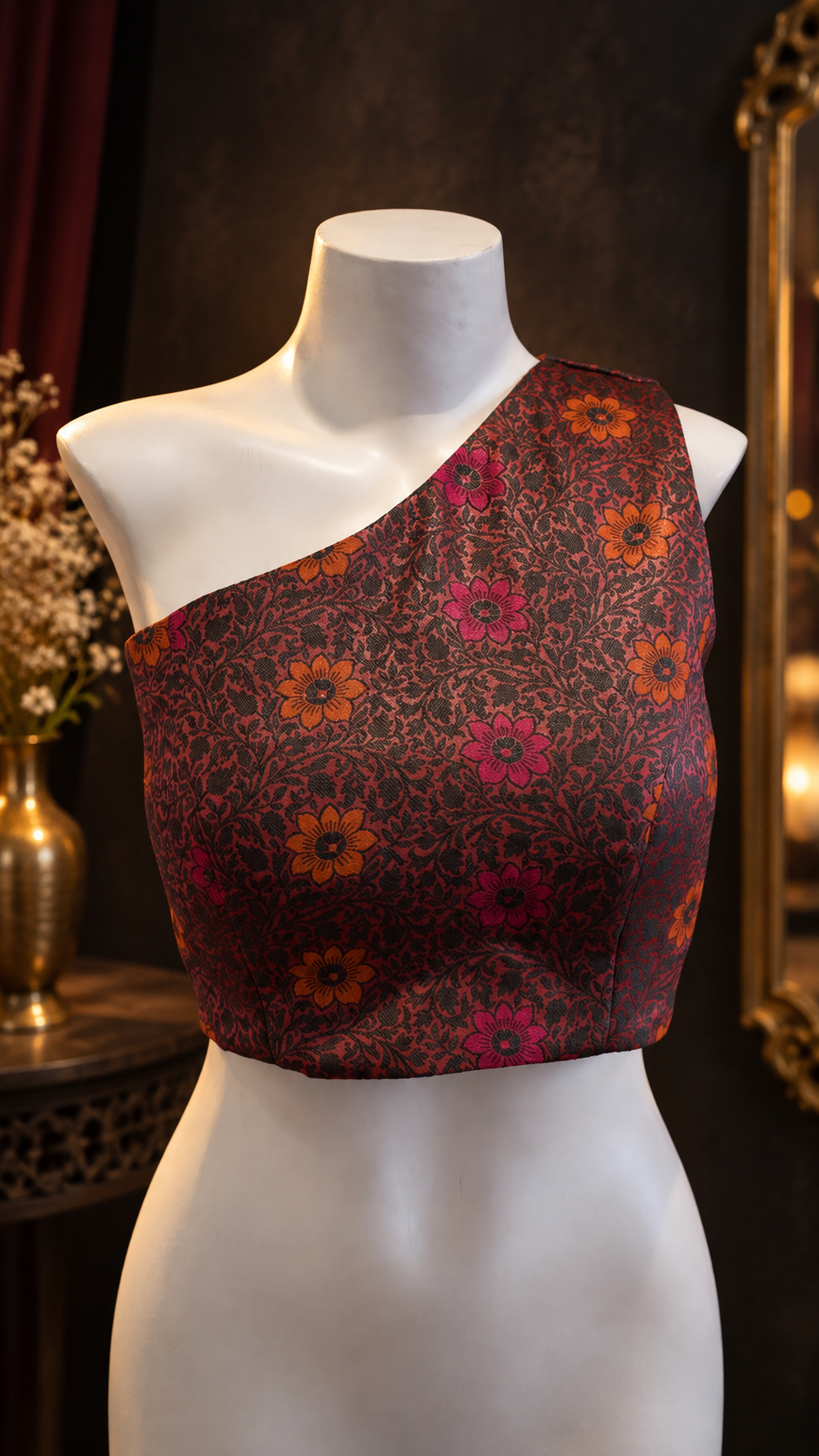 Floral One-Shoulder Lace-Up Designer Blouse