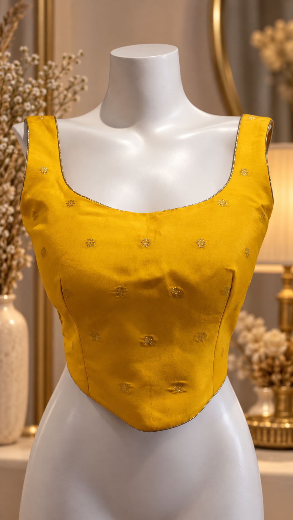 Mustard Yellow Embroidered Deep Back Designer Blouse