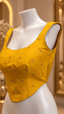 Mustard Yellow Embroidered Deep Back Designer Blouse