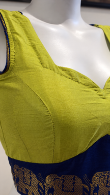 Lime Yellow & Royal Blue Deep Back Designer Blouse