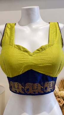 Lime Yellow & Royal Blue Deep Back Designer Blouse