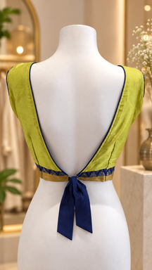 Lime Yellow & Royal Blue Deep Back Designer Blouse