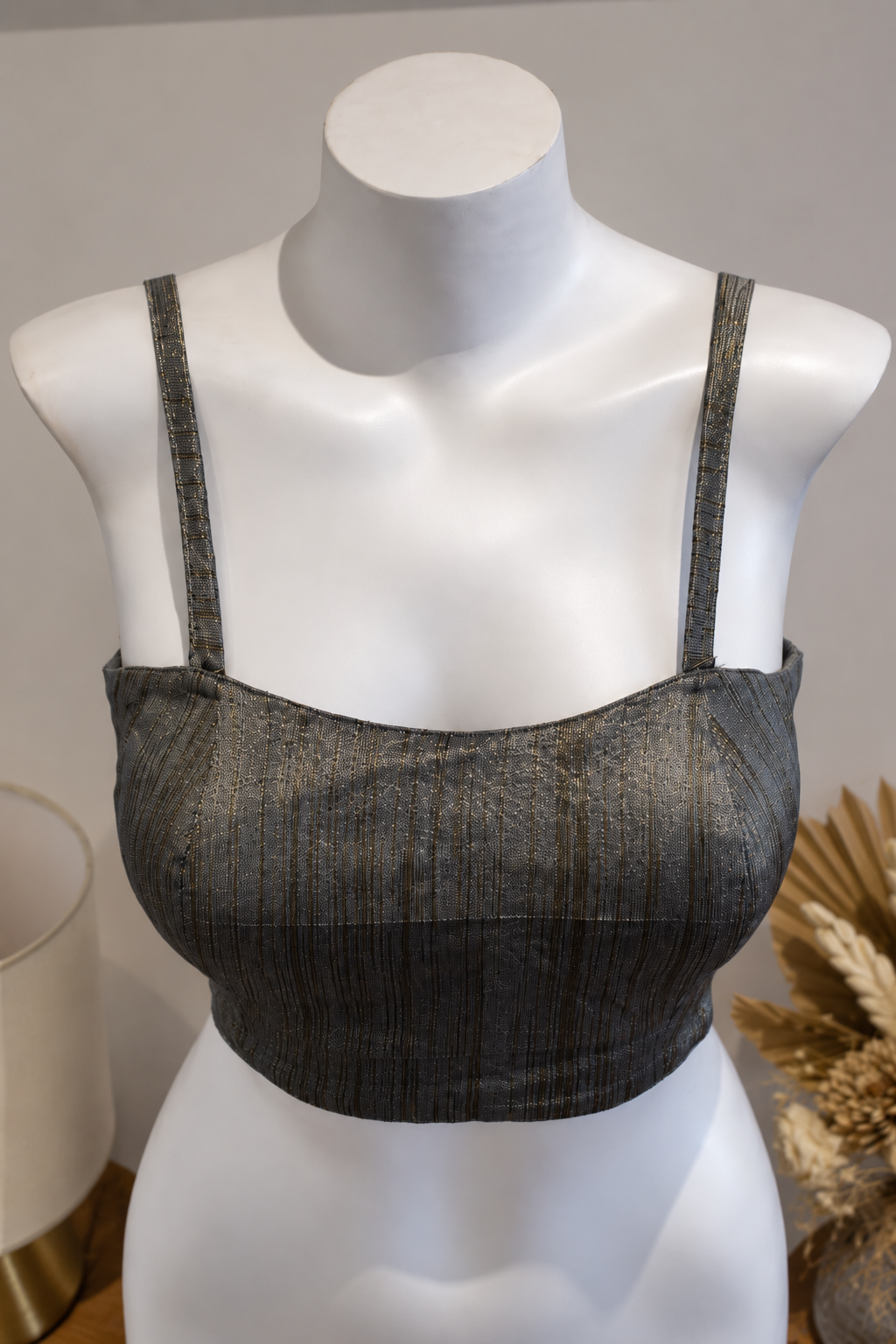 Charcoal Metallic Strappy Lace-Up Blouse