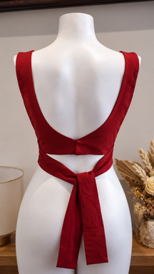 Crimson Red Brocade Wrap-Style Tie-Back Designer Blouse