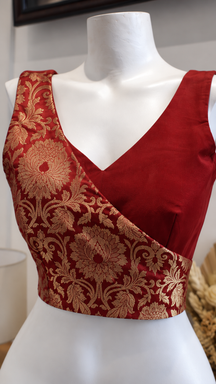 Crimson Red Brocade Wrap-Style Tie-Back Designer Blouse