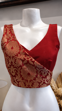 Crimson Red Brocade Wrap-Style Tie-Back Designer Blouse