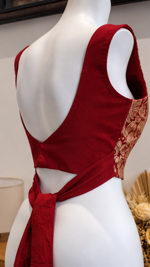 Crimson Red Brocade Wrap-Style Tie-Back Designer Blouse