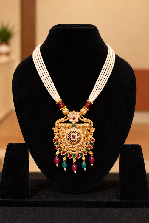 Royal Multi-Strand Pearl & Ruby-Emerald Pendant Necklace