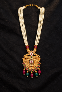 Royal Multi-Strand Pearl & Ruby-Emerald Pendant Necklace
