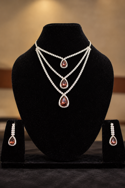 Smokey Topaz Layered Crystal Drop Necklace Set