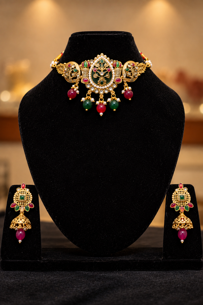 Antique Gold Temple Meenakari Choker & Jhumka Set