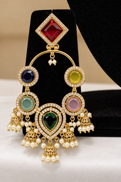 Navratna Multicolor Chandbali Earrings with Jhumka Drops